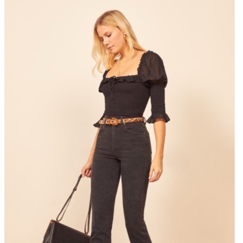 Reformation Julie black smocked top